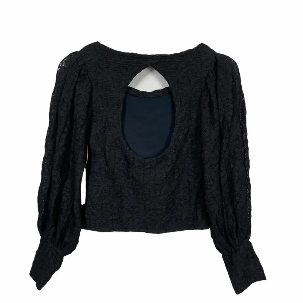 Free People Tea Time Top Black Lace Long Sleeves Size Small NEW